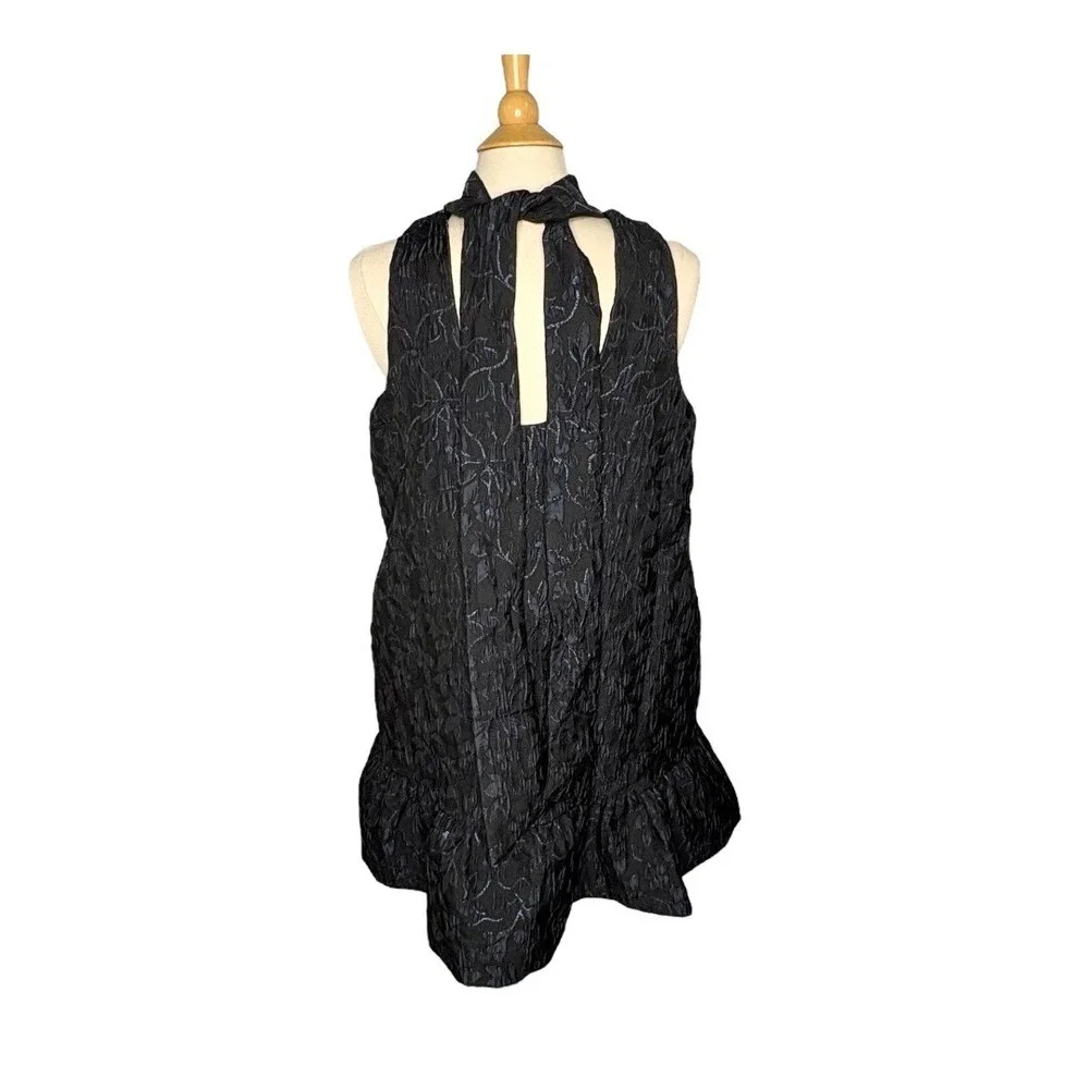 Scoop Mini Dress Women‎ Large Black Blue Metallic Floral Jacquard Mock Neck Tie